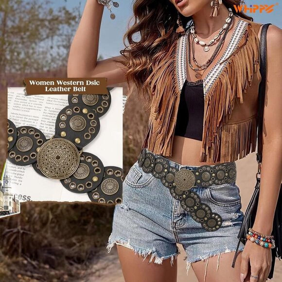 Women Vintage Disc Waist Concho Leather Belt Boho Waist Belt Black Bronze Buckle